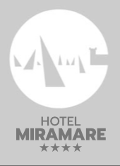 Logo dell'Hotel Miramare con quattro stelle e simboli stilizzati.